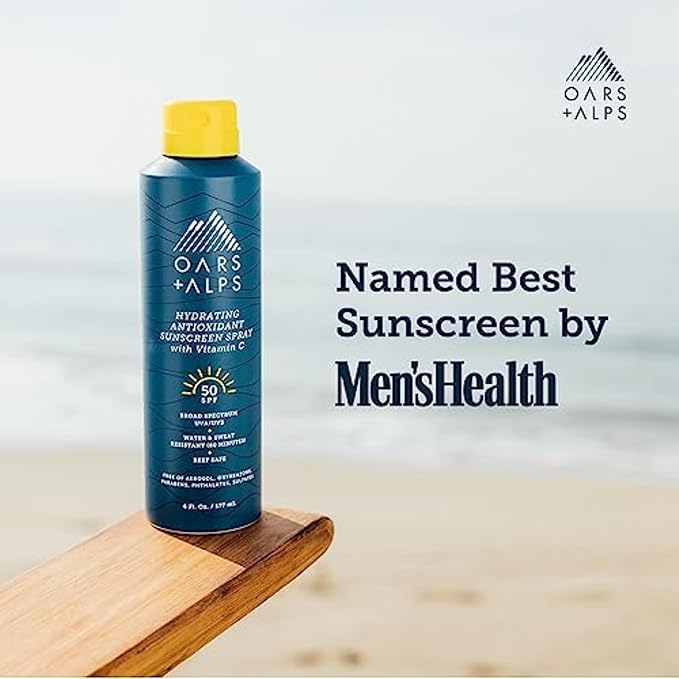 Oars + Alps Sunscreen Spray for Face & Body, SPF 50 Spray Sunscreen Infused with Vitamin C & Antioxidants, No White Residue, Water & Sweat Resistant, All Skin Types, Lightweight, Hydrating, 6oz, 2pk