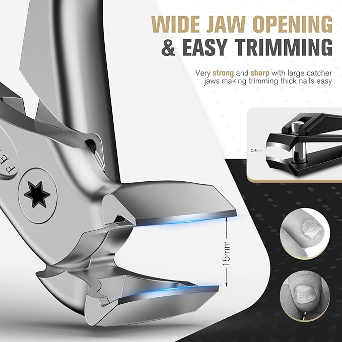 FERYES Ergonomic Non-Slip Long Handle Nail Clippers for Seniors, Unique Angled Head Curve Wide Jaw Opening Toenail Clipper with Catcher for Thick Toenails and Fingernails