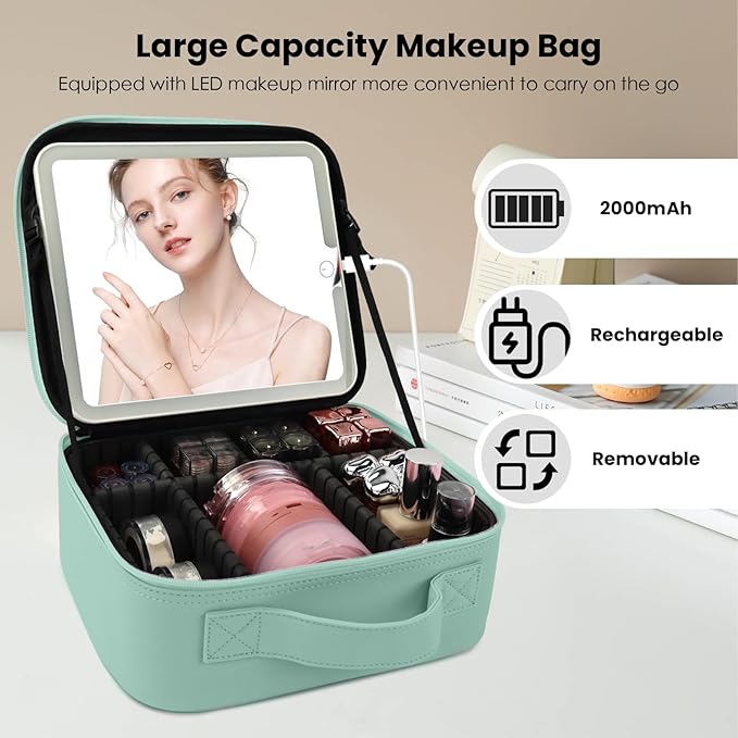 SUILU Travel Makeup Bag with LED Mirror and Light Makeup Travel Bag Organizer Portable Cosmetic Brush Organizer Bag with Adjustable Dividers for Cosmetics Makeup Brushes Toiletry (Light Green)