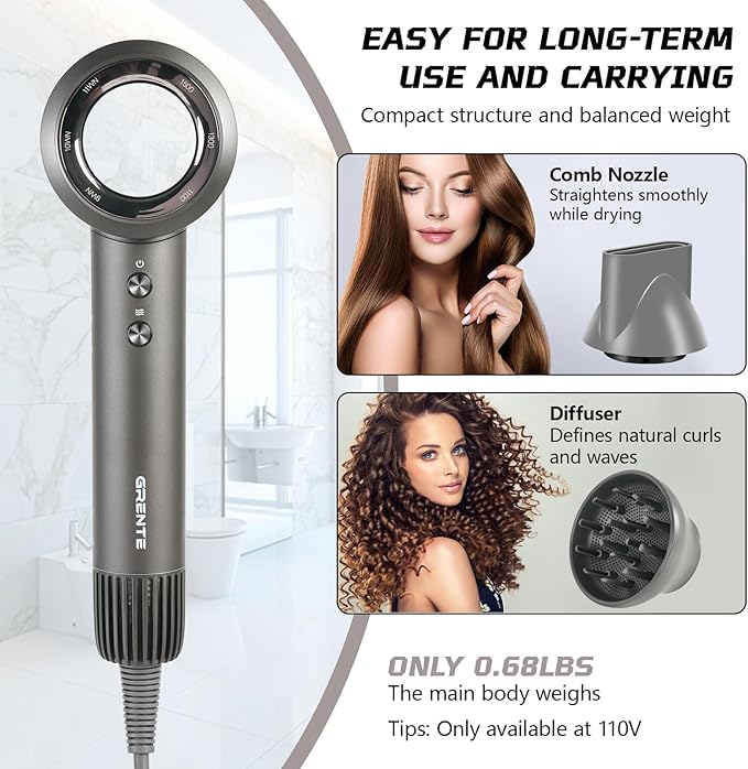 High Speed Hair Dryer - 110,000 RPM Brushless Motor 1500W, 3 Speeds & 4 Heat Settings with Concentrator Nozzle, Thermostatic Hair Protection, Lightweight Quiet, Unisex Grey