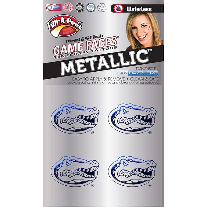 Fan-A-Peel Florida Waterless Temporary Tattoos - Hypoallergenic Peel and Stick Waterproof Temporary Tattoos, Metallic - Officially Licensed