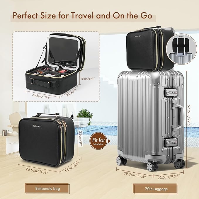 Behaesty Travel Makeup Bag with LED Mirror Double Layer, Detachable Vanity Mirror with Lights, Tri-light Dimmable, Makeup Case with Adjustable Dividers and Brush Holder Cosmetic Organizer Storage Box