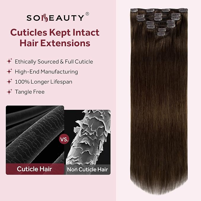 Clip in Hair Extensions Real Human Hair, 100% Remy Chocolate Brown Hair Extensions for Long Hair, Tangle-free&Shedding-free, #4 18Inch 120G 7PCS