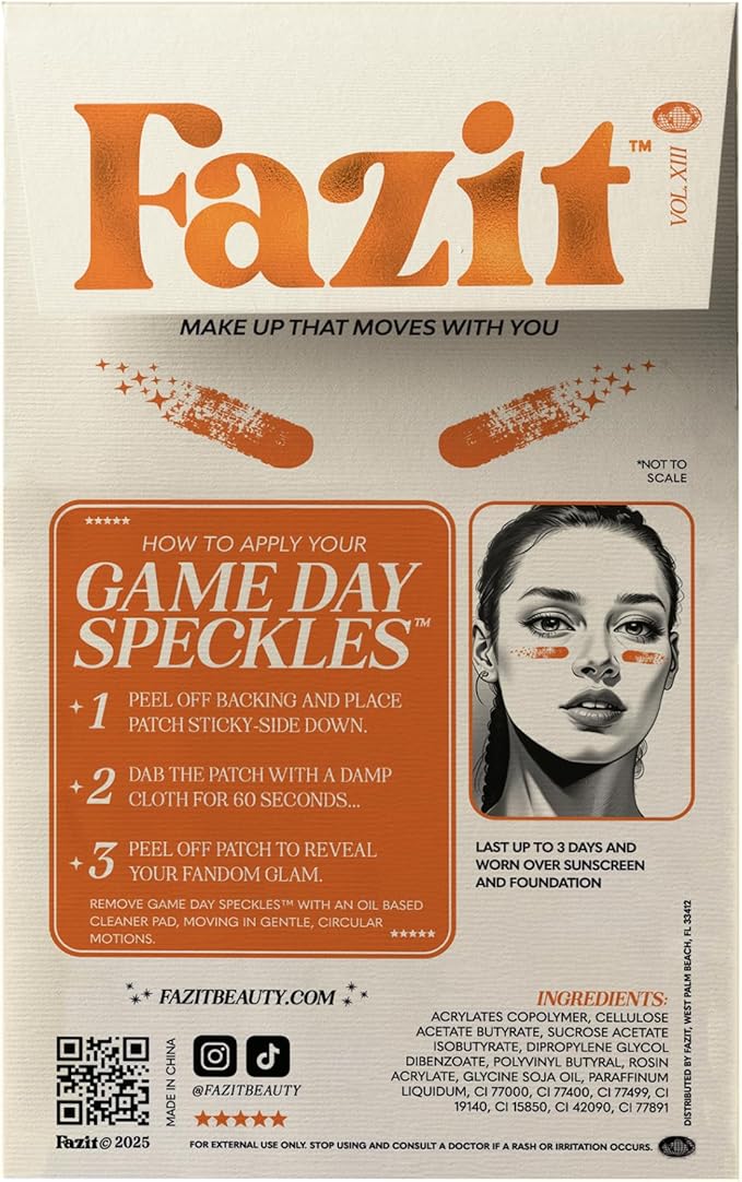 Fazit Makeup Patches - Orange Game Day Speckles - Glow Up Make-Up Patches - Cute Glitter Makeup Accessories for Women - Cosmetic Glitter for Face
