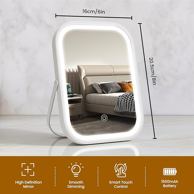 Vanity Mirror with Lights, 6"×8" Travel Makeup Mirror with lights Built-in 1500mAH Battery, Smart Touch with 3-Color Lighting, Dimmable, Compact Desk Mirror, Women Gift, Travel Essentials(White)