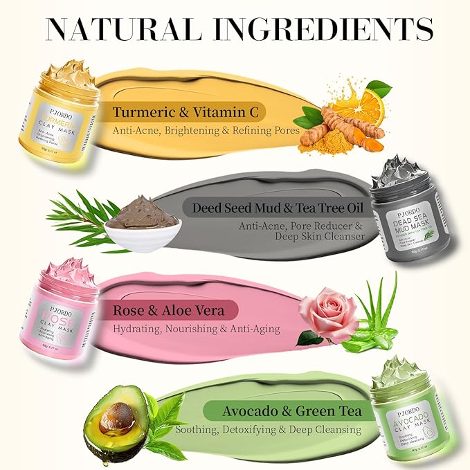 Pjordo 4 Pcs Clay Mask for Face(360g in total), Turmeric Vitamin C, Dead Sea Mud,Green Tea, Avocado, Rose, Facial Clay Mask Set, Face Mask Skin Care, Valentine's Day Gifts Set for Her, 3.17 Oz Each
