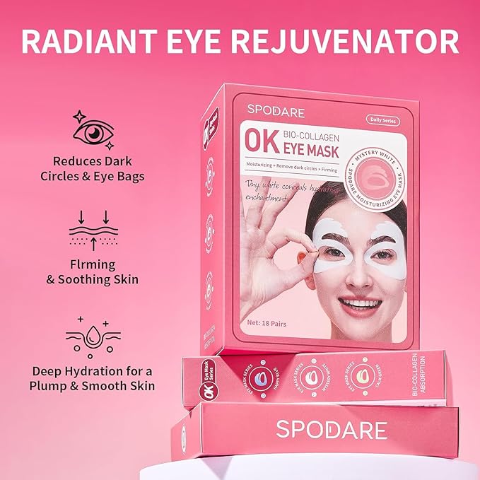 SPODARE OK Shape Eye Masks, 360° Fit Under Eye Patches with Caffeine and Collagen, Firming & Hydrating Eye Mask for Dark Circles and Puffiness, Self Care Gifts for Women - 6 Pairs, Mystery White