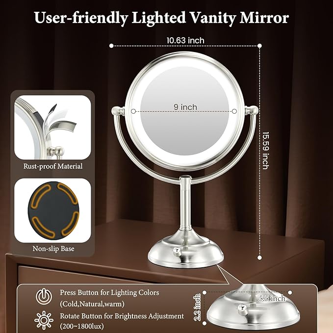 VESAUR 2026 Upgraded 9" Lighted Makeup Mirror, 5000mAh Rechargeable 1X/10X/20X HD Magnifying Mirror with 3 Lights Colors, Brightness Adjustable, 360° Rotation Seamless Vanity Mirror, Nickel, Gift Box