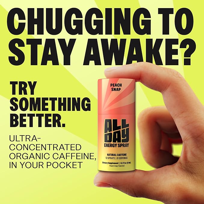 Caffeine Spray, Promotes Focus and Energy (Peach Snap, 8 Bottles, 96 Sprays) | 32mg Natural Caffeine per Spray | Pocket-Size Energy Shot/Drink - Formulated with L-Theanine, Vitamin B12, & Vitamin D