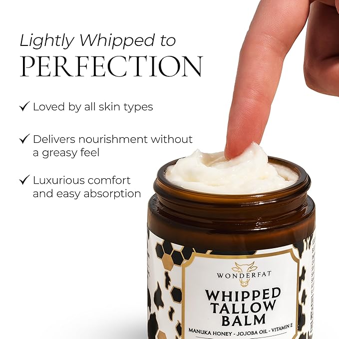 Wonderfat - Grass-Fed Whipped Tallow Balm – Face & Body Moisturizer with Manuka Honey – Lightweight, Fast-Absorbing Hydration for Dry, Sensitive Skin – Unscented, Clean Formula – 3 oz