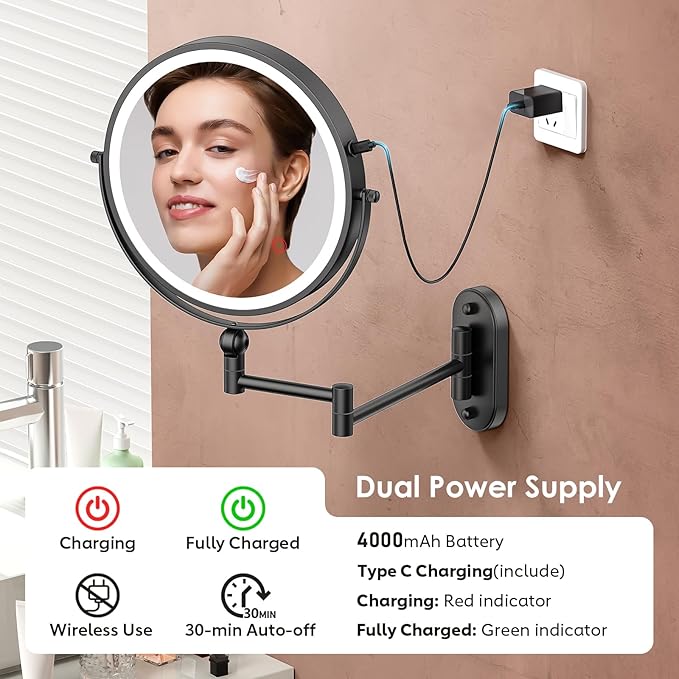 9" Wall Mounted Lighted Makeup Mirror,4000mAh Rechargeable Double Sided 1X/30X Magnifying Mirror with Light,Touch Dimmable,Extended Arm 360 Rotation Wall Mounted Makeup Mirror 3 Color Lights