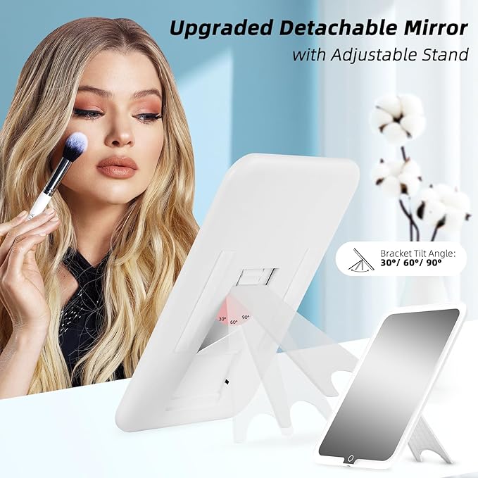 JJhxr 15''X11'' Makeup Bag with Removeable Lighted Mirror, Travel Makeup Case with 3 Color Lights Dimmable Brightness, Large Capacity Cosmetic Organizer Case with Detachable Dividers & Shoulder Strap