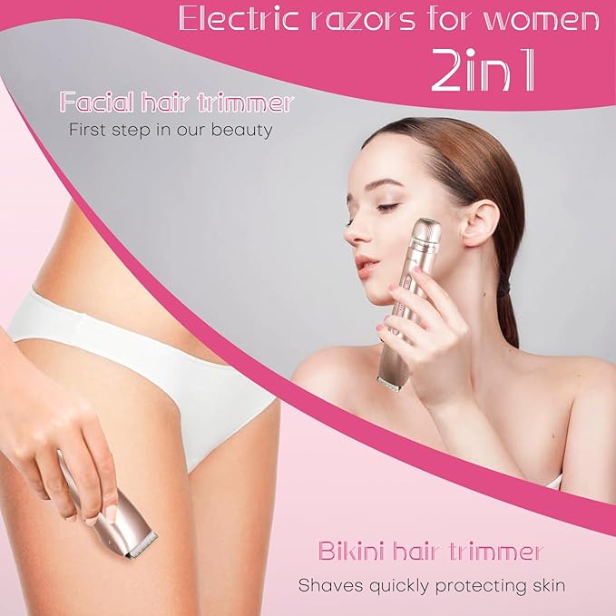 Bikini Trimmer for Women,2 in 1 Dual Head Womens Electric Shaver, Electric Razors for Pubic Hair, IPX7 Waterproof Rechargeable Facial Hair Removal for Shaving Underarm Leg Arm Body Face(Gold)