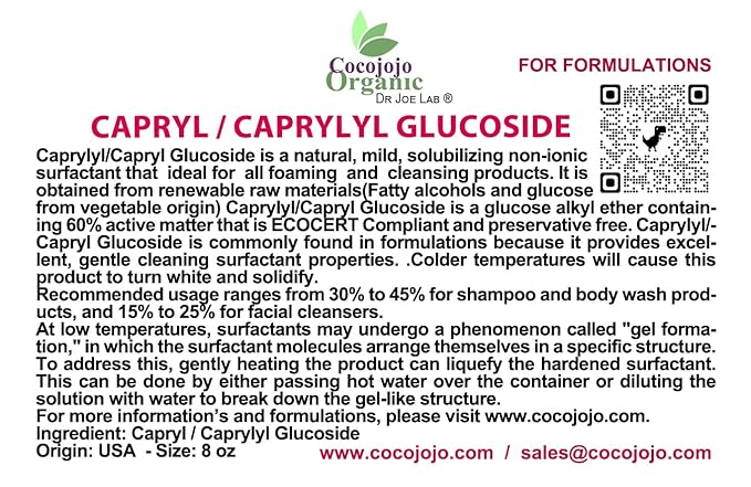 Dr Joe Lab Capryl Glucoside Liquid Surfactant - Caprylyl Natural, Plant Derived - DIY Skin Care - Shower Gels, Foaming, Body Soap, Shampoos Baby Products Face Cleansers - COCOJOJO (8 oz)