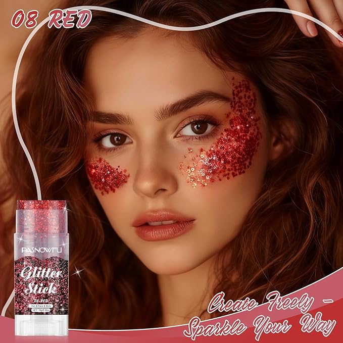 Red Body Glitter Stick, Face Glitter for Women and Girls, Hair Tinsel Stick Festival Accessories for Christmas Valentine's Day Party Makeup, Concert Stage Performance Cosplay Events