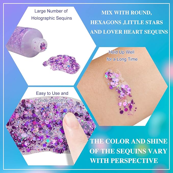 MEICOLY Purple Hair Glitter Kids Makeup,Holographic Halloween Sparkly Face Glitter,Self-Adhesive Mermaid Sequins Face Body Glitter,Chunky Glitter for Festival Rave Accessories Costume Outfits