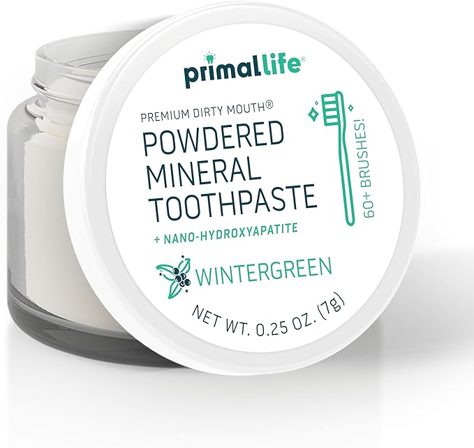 Primal Life Organics - Dirty Mouth Toothpowder, Tooth Cleaning Powder, Flavored Essential Oils with Natural Kaolin & Bentonite Clay, Good for 60+ Brushings, Organic, Vegan (Wintergreen, 0.25 oz)