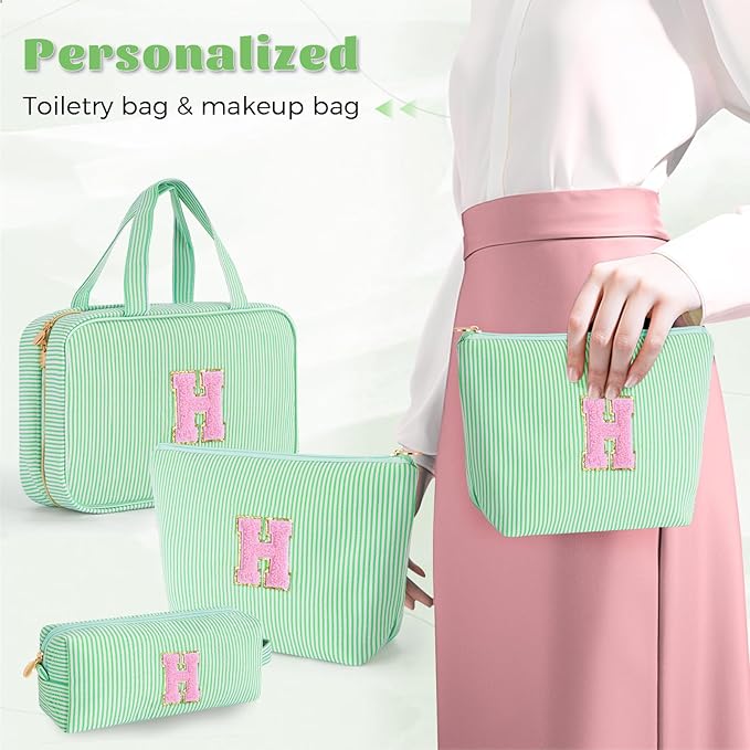 Fystdtote Personalized Friend Birthday Gifts - 3 Pieces Toiletry Makeup Bag Cosmetic Bags for Women Travel Make up Bag with Small Makeup Bag Wedding Bridesmaid Gifts for Women - Green H