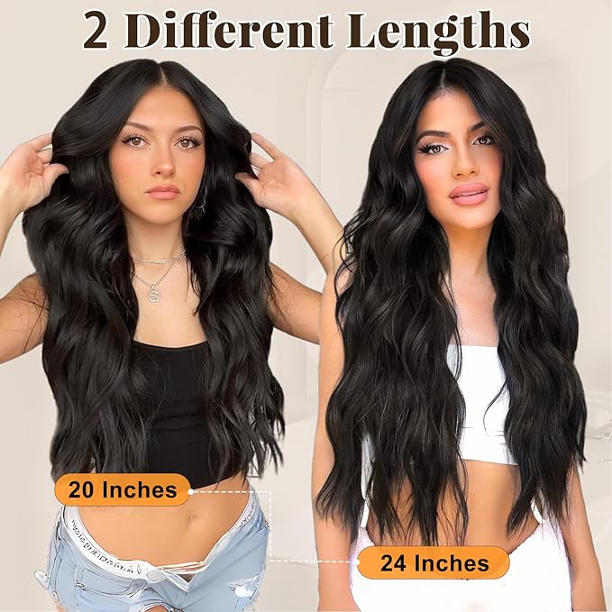 ALXNAN Clip in Long Wavy Synthetic Hair Extension 20 Inch Black Brown 4PCS Thick Hairpieces Fiber Double Weft Hair for Women