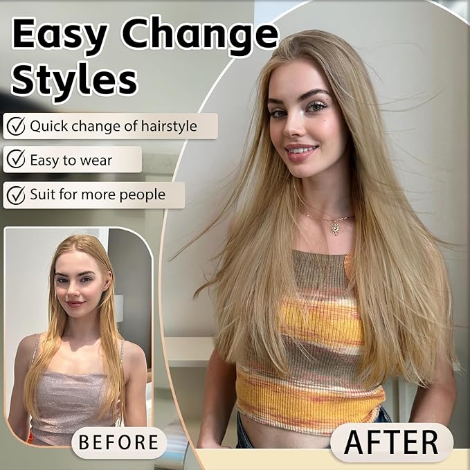 Hair Extensions Clip Ins Synthetic 18 Inch Long Straight Invisible Extension 5PCS Soft and Natural Fake Cheap Clips on Hairpieces for Women Party Daily Use 6.5 Oz Golden Brown Mix Bleach Blonde