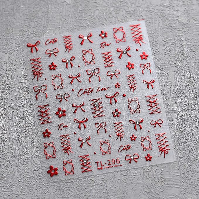 Bow Nail Art Sticker Self-Adhesive Red Flowers Bows with Nails Rhinestones Nail Decals Design Valentine Bow Nail Sticker DIY Manicure Acrylic Nails Decoration Accessories for Women