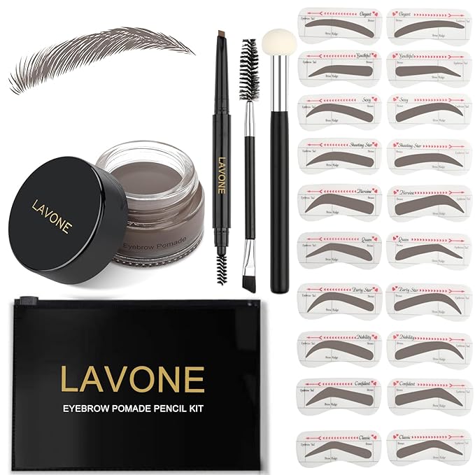 LAVONE Eyebrow Stamp Stencil Kit, Brow Stamp Trio Kit with Waterproof Eyebrow Pencil, Pomade, 20 Eyebrow Stencils, Dual-ended Eyebrow Brush and Sponge Applicator - Light Brown
