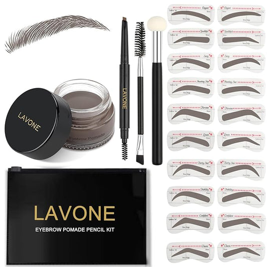 LAVONE Eyebrow Stamp Stencil Kit, Brow Stamp Trio Kit with Waterproof Eyebrow Pencil, Pomade, 20 Eyebrow Stencils, Dual-ended Eyebrow Brush and Sponge Applicator - Light Brown