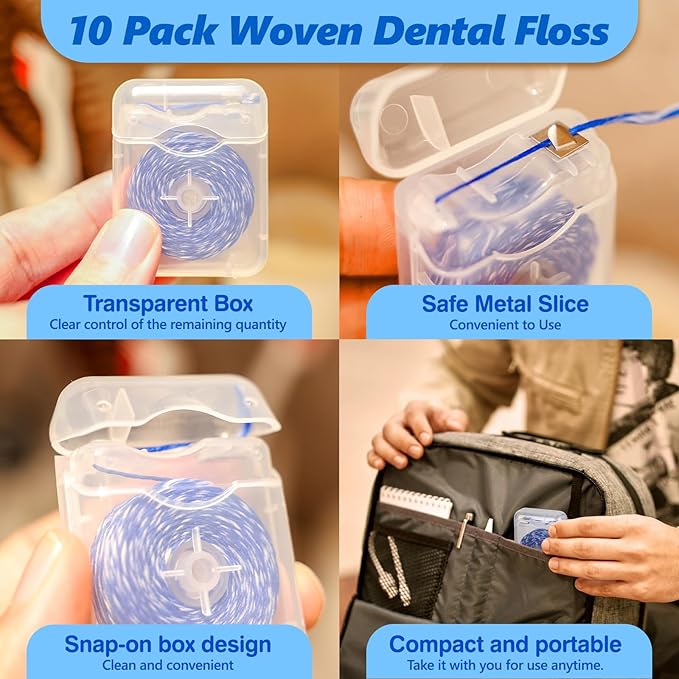 Woven Dental Floss, Expandable Waxed Dental Floss for Gentle,Oral Care Whitening Dental Floss,Plaque Remover for Teeth,String Floss,Mint,10 Spools (32.8 yd Each)