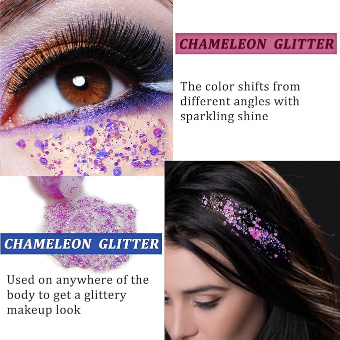 MEICOLY Chameleon Light Purple Hair Glitter,Holographic Chunky Face Body Glitter,Color Changing Mermaid Face Glitter,Self-adhesive Glitter Sequin for Face Body Hair,Festival Party Cheer Glitter Makeup
