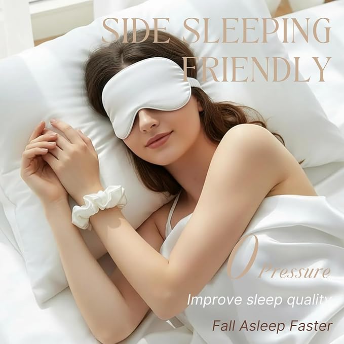 LCBD Silk Satin Sleeping Eye Mask, White Sleep Eye Night Blindfold for Women and Men, Soft Breathable Blackout Eyeshade Eye Cover for Travel, Wedding Bridesmaid Gift