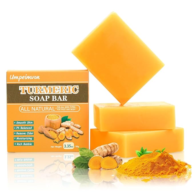 Umpeimvon 3 Pack Turmeric Soap Bar for Face & Body Cleanser, Organic Turmeric Soap, Smooth Skin and Moisturizing, All Natural Tumeric Soap, Handmade Turmeric Face Soap Ginger Soap, 3.53oz × 3