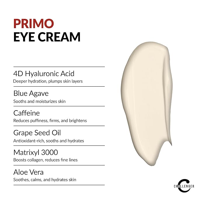 Challenger Primo Anti-Aging Eye Cream | Unscented | Clean Dispensing Airless Pump | Reduce Wrinkles, Under-Eye Circles, Puffiness, Crows Feet and Signs of Age | 1oz