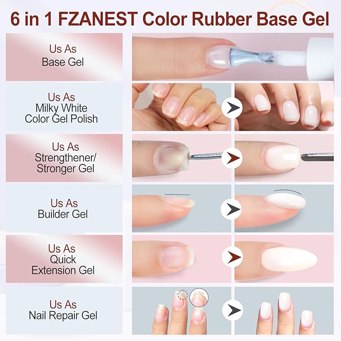 FZANEST Builder Gel for Nails, Milky White Gel Polish Rubber Base For Nails Strengthener Extension Apex Building Repair UV LED Color Base Nail Polish in Bottle