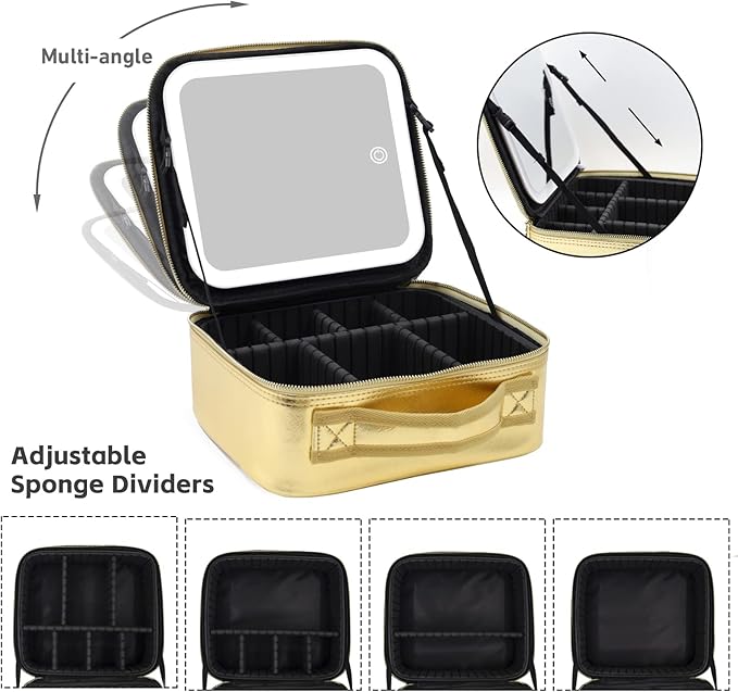 RRtide Makeup Case with Mirror and Lights, Travel Makeup Bag with Light up Mirror, Partitionable Cosmetic Bag with 3 Color Lights, Make up Organizer with Adjustable Dividers Large Brush Board