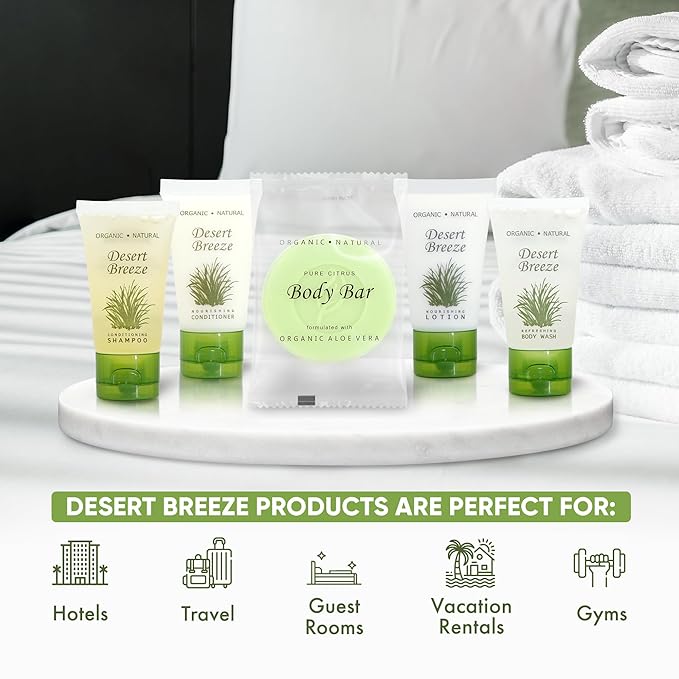 Desert Breeze Hotel Soaps and Toiletries Bulk Set | 1oz Hotel Shampoo & Conditioner, Body Wash, Body Lotion & Bar Soap | Half Pallet 21 cases with 300 units each - 6,300 pieces