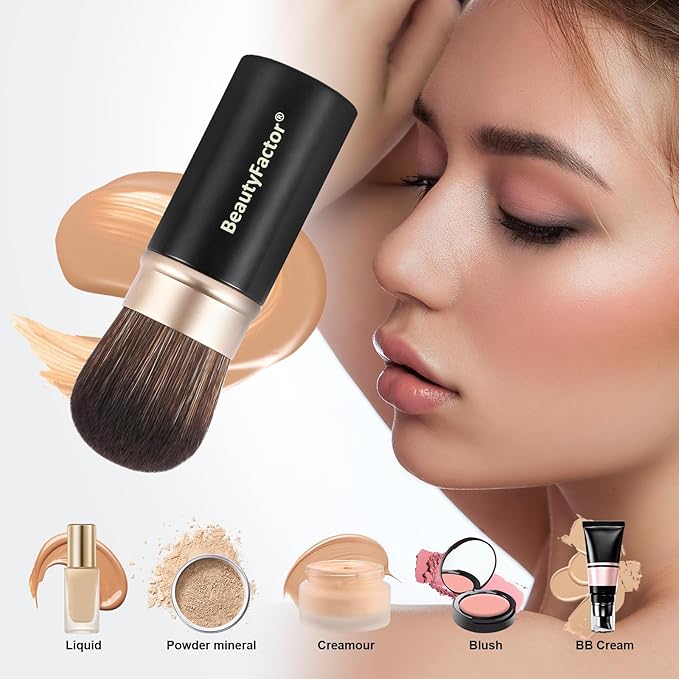 Retractable Kabuki Makeup Brush, Angled Top Travel Makeup Brush Portable Powder Brushe for Liquid Cream and Powder Face With Aluminum Handle