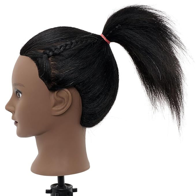 Mannequin Head 100% Real Hair,14”-16” Braiding Mannequin Head with Stand&Table Clamp,Real Hair Cosmetology Manikin Head with Mannequin Head Stand