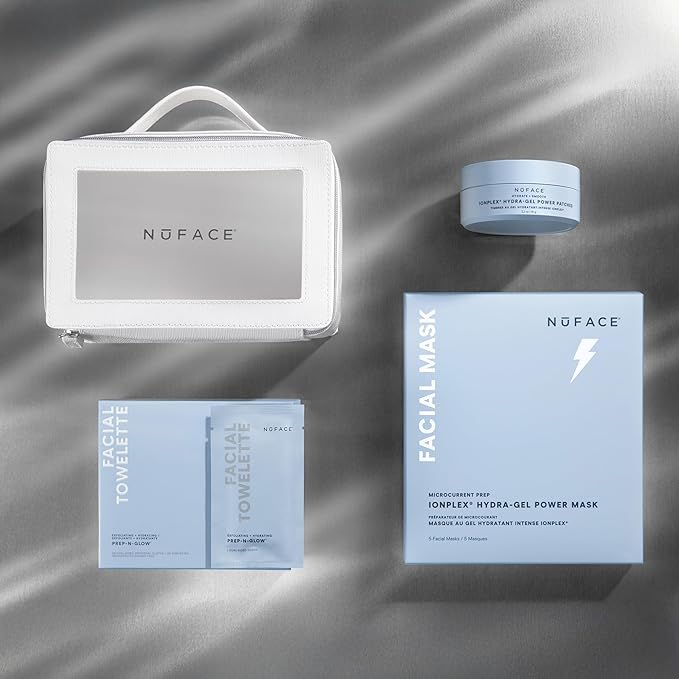 NuFACE Ultimate Glow Skincare Kit - Limited Edition Set with Hydrogel Power Mask, Under Eye Patches, Prep-N-Glow Facial Wipes & Luxe Bag - Hydrating Skincare to Prep for Microcurrent (4ct)