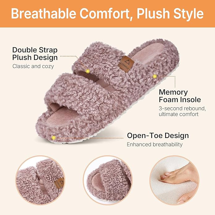 ATHMILE House Slippers for Women with Platform Memory Foam Arch Support Open Toe, Fuzzy Fluffy Cozy Womens Slippers for Home Indoor Outdoor Bedroom Ladies Christmas Gifts Pantuflas Para Mujer