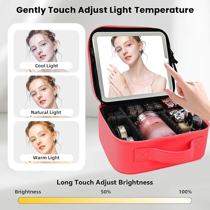 SUILU Travel Makeup Bag with LED Mirror and Light Makeup Travel Bag Organizer Portable Cosmetic Brush Organizer Bag with Adjustable Dividers for Cosmetics Makeup Brushes Toiletry (Light Red)