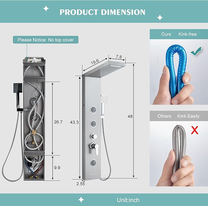 KINKIB LED Shower Panel Tower System, 6-in-1 Shower Tower with Rainfall Waterfall Shower Head, 2 Modes Powerful Body Jets, Handheld Shower and Tub Spout, Stainless Steel Shower Column, Brushed Finish