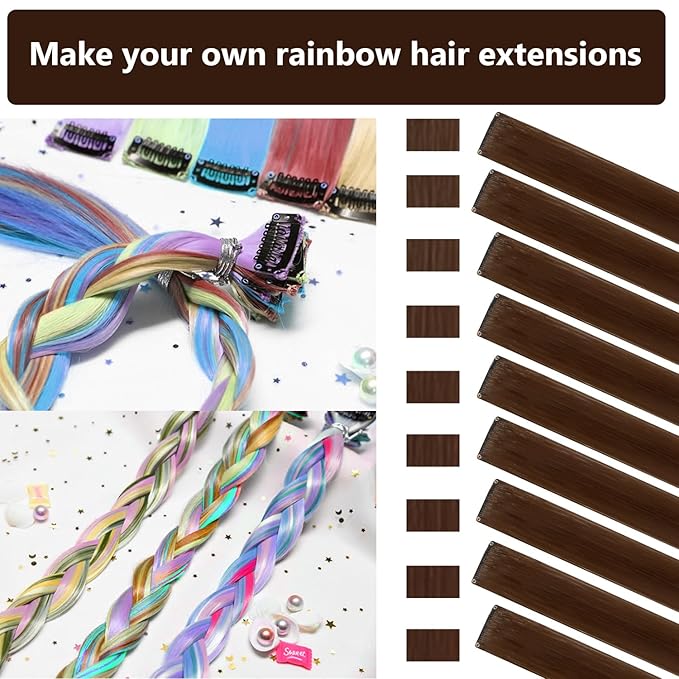 Colored Hair Extensions 14 PCS, 20 In Dream Rainbow Clip in Hair Extensions Party Highlights, Colorful Long Straight Synthetic Hairpieces for Girls Women Kids Gift(Light Brown)