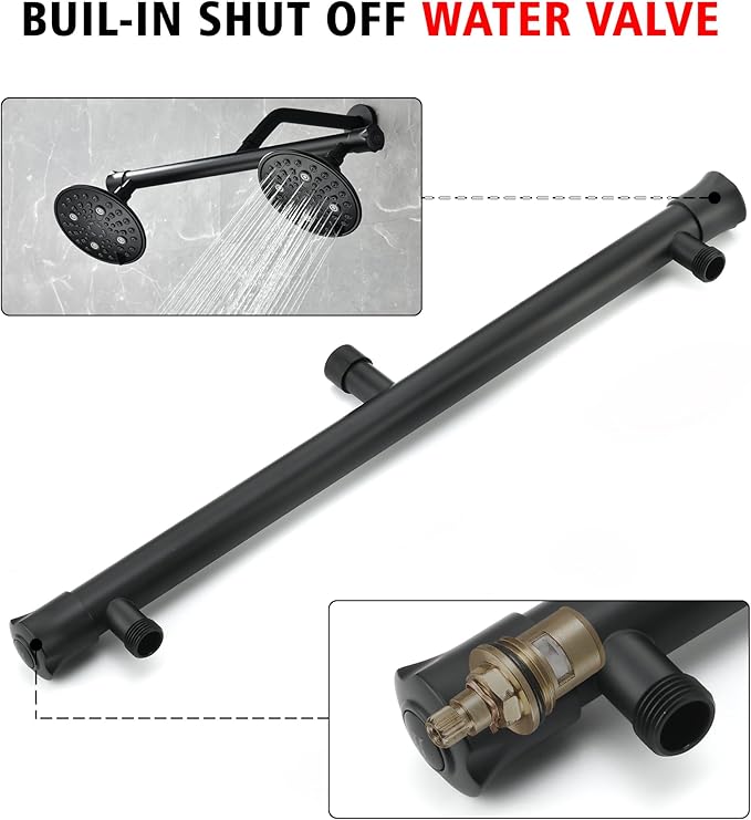 sumerain Matte Black Dual Shower Head Set with 20" Long Shower Arm,Enjoy High Pressure 6 Setting Rain Shower Separately or Together
