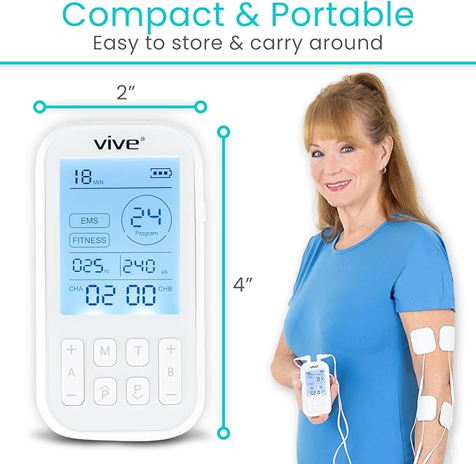 Vive Stim Machine for Muscle Recovery - 60 Mode Tens Unit Stimulator for Pain Relief Therapy - EMS w/Electrodes for Period Cramps, Physical Therapy - Stimulation Device, Tense Relaxer for Back Pain
