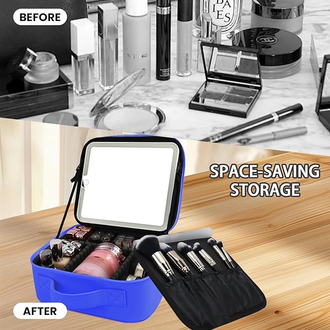 SUILU Travel Makeup Bag with LED Mirror and Light Makeup Travel Bag Organizer Portable Cosmetic Brush Organizer Bag with Adjustable Dividers for Cosmetics Makeup Brushes Toiletry (Dark Blue)