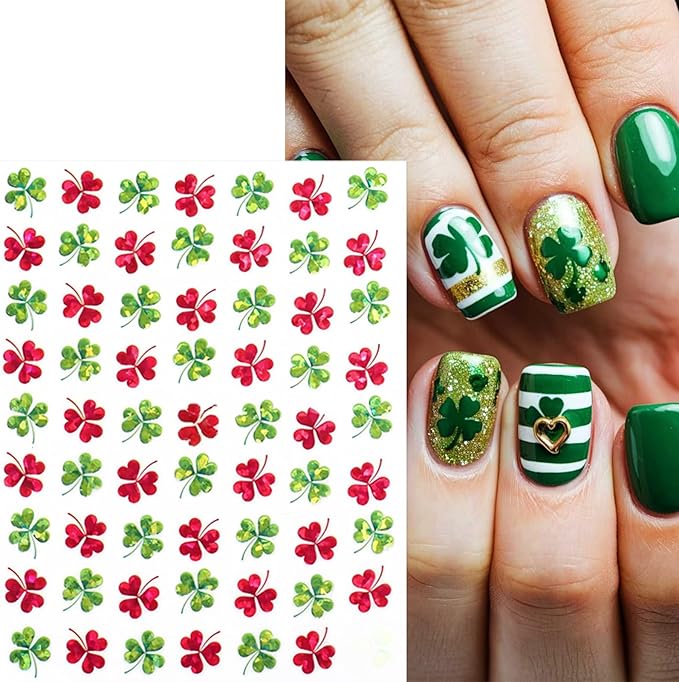 8Pcs St. Patrick's Day Nail Stickers Shamrocks Nail Art Stickers Irish Four Leaf Clover Nail Decals 3D Self-Adhesive Lucky Clover Nail Design St. Patrick's Day Nails Supplies for Women Manicure DIY