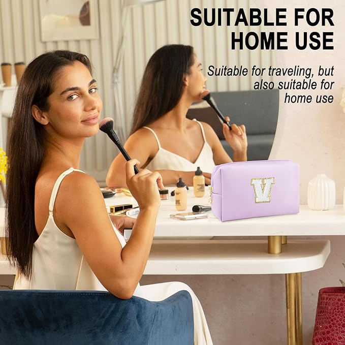 URSKYTOUS Gifts for Girls Initial Makeup Bag Personalized Cosmetic Bag with Zipper Cute Travel Toiletry Bag Waterproof PU Preppy Makeup Pouch Birthday Gift for Teen Girls Women(Purple V)