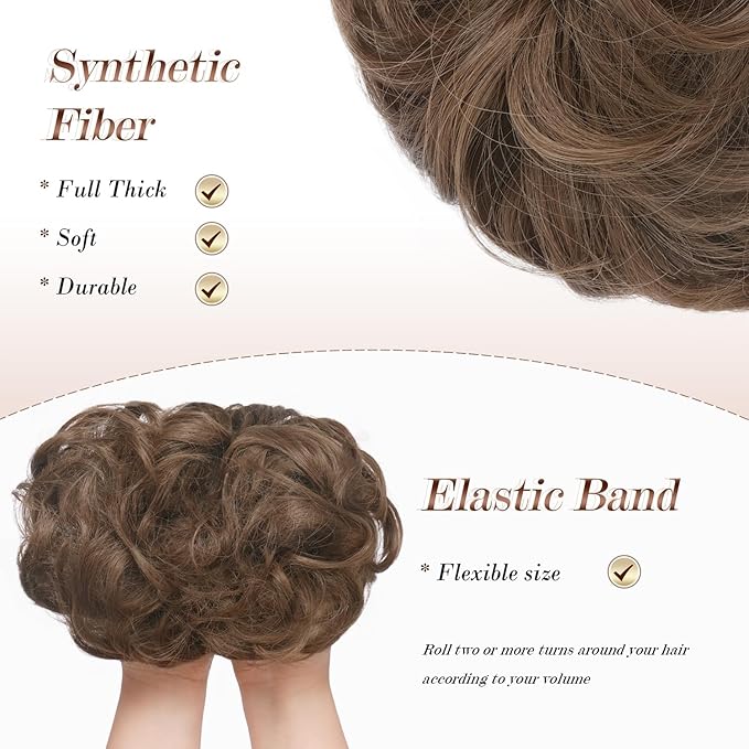 FESHFEN Messy Bun Hair Piece - Wavy Synthetic Chignon Scrunchies for Instant Volume, Elastic Bun Ponytail Hair Extensions Thick Hairpieces for Women, Golden Brown 1.50 oz