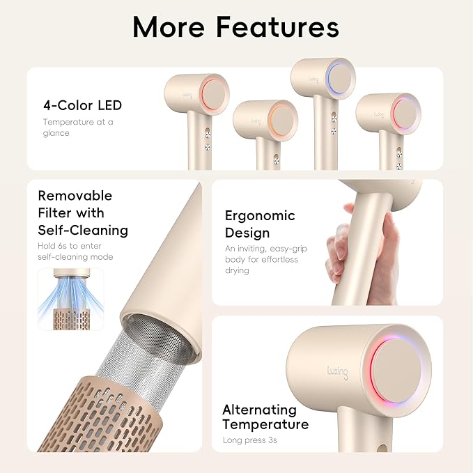 Hair Dryers for women, TurboLux Ionic 200 Million Negative Ions Fast Drying High Speed Hairdryer with Diffuser, Lightweight, Low Noise 1500W Hair Diffuser Dryer with 110000 RPM Brushless Motor (Cream)