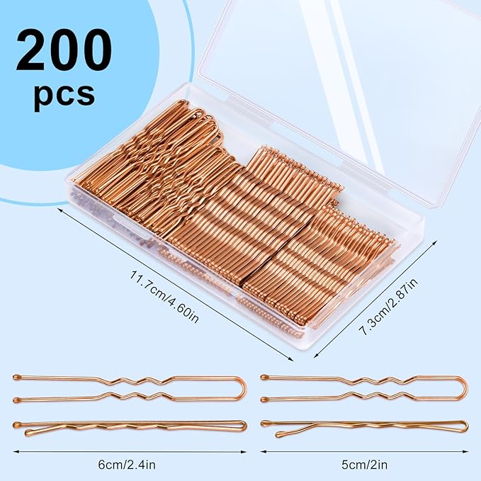 TsMADDTs Hair Pins, 200 pcs Rose Gold Bobby U Shaped Hair Pins for Women Styling, Ballet Bun with Box, 2.4in & 2in